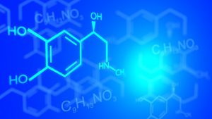 Chemical diagrams, floating DNA helix, the connection of science and spirit with metaphysics